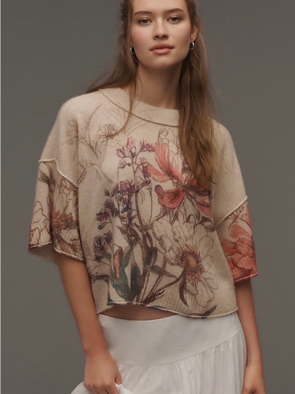 NWT Anthropologie Goldie Crewneck Sweater Floral Boxy Cropped Knit Sweater L